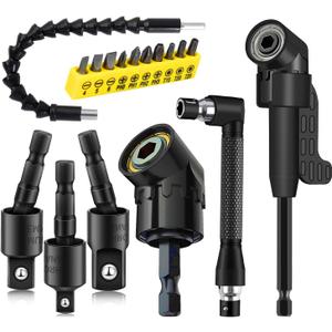 17pcs Flexible Drill Bit Extension, Include 3pcs Rotatable Socket Adapter 2pcs Hex Shank 105 Right Angle Drill Attachment 10 Short Screwdriver Bits Bendable Extension and 90 Angled Bits