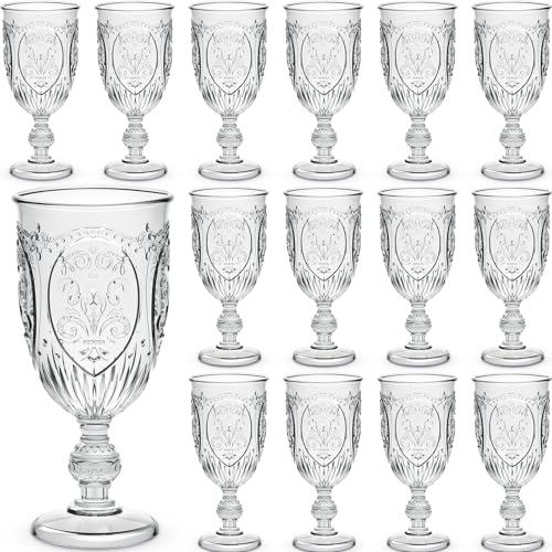Wiwiqing 24 Pcs Plastic Goblets 7.5oz Vintage Goblet Plastic Wine Glasses Colored Retro Embossed Water Goblets for Wine Bar Juice Baby Shower Wedding Reception Grand Event Party (Clear)