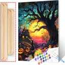 Tucocoo Halloween Spooky Scenery Paint by Number Kit 16 x 20 inch Canvas Full Moon Pumpkins DIY Oil Painting for Adults Beginner with Brushes and Acrylic Pigment-Witch's Night(DIY Frame)