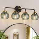 MOKATNG Bathroom Light Fixtures, 4-Light Green Vanity Lights with Unique Leaf Texture Glass Shade, Modern Matte Black and Gold Bathroom Wall Lamp for Mirror Hallway Cabinet Living Room