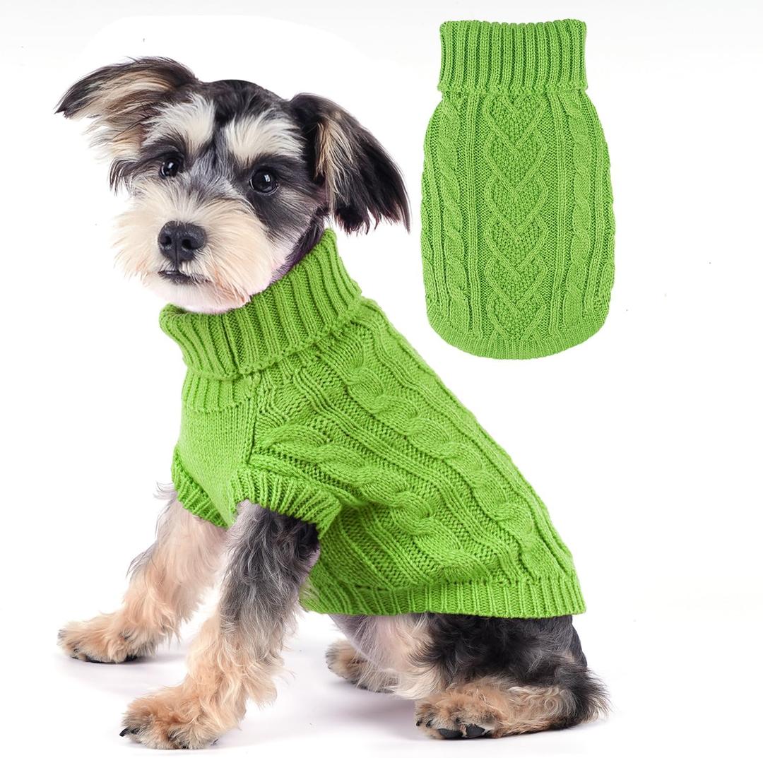 Knitted Turtleneck Dog Sweater - Small Dog Clothes with Heart Shape Twist Pattern - Cozy Pullover Knitwear for Female/Male Puppies (Green, Large)