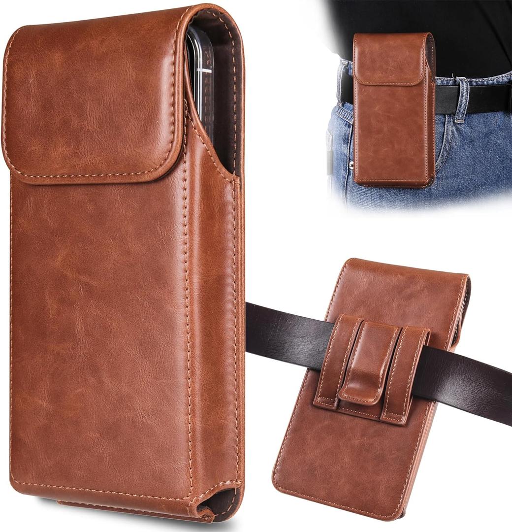 Holster for iPhone 17, 17 Pro, 16, 16 Pro, 15, 15 Pro, 14, 14 Pro, 13, 13 Pro, 12, Galaxy S25, S24, S23, Premium Leather Pouch with Belt Clip Phone Holster Belt Case, Brown -M