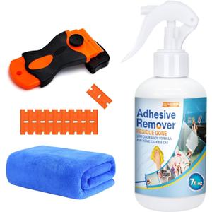 Surface Safe Adhesive Remover Spray 7oz - Rapidly Dissolves Glue Sticker Labels Decals Tape Residue from Car, Windows, Glass, Floor & More with Plastic Scraper & Microfiber Cloth for Easy Removal