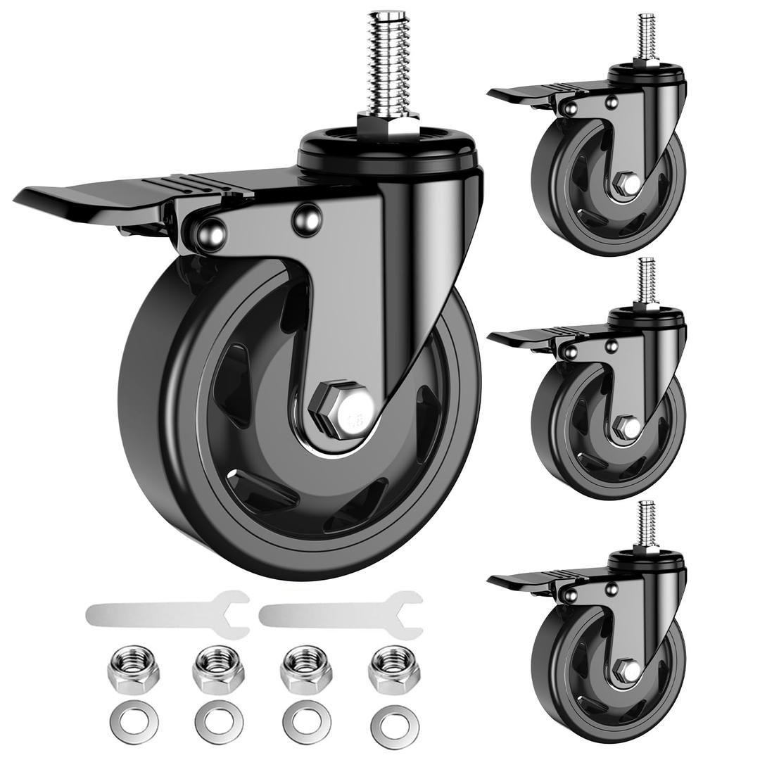 4 inch Stem Casters, Heavy Duty Casters Set of 4, 1/2"-13 x 1(Stem Diameter 1/2", Stem Length 1"), Locking Threaded Stem Caster Wheels - Load 2000lbs