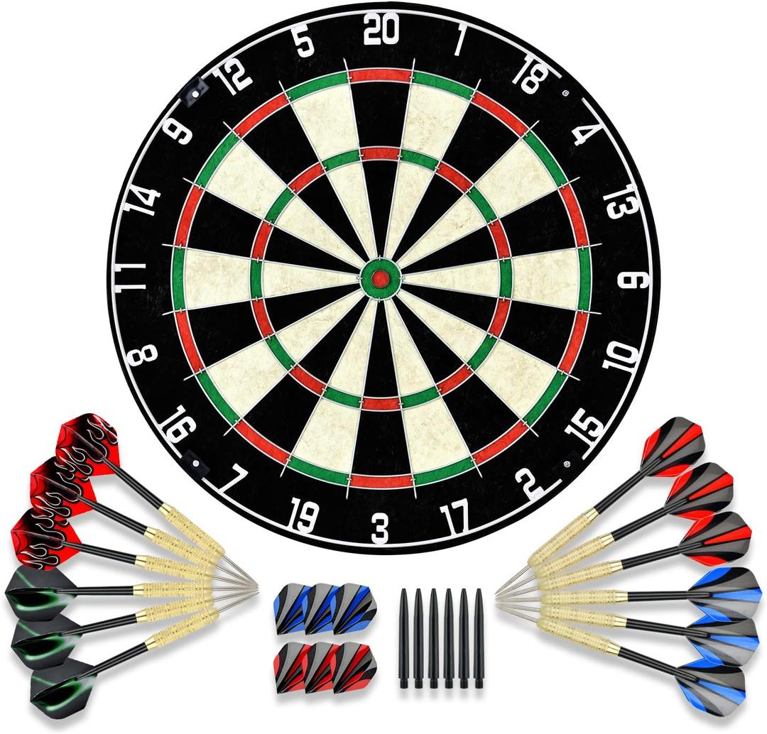 Dartboard with Staple-Free Bullseye Easily Recognizable Numbers 18g Steel Tip Darts Set 12 Steel Tip Darts 18g Mounting Kits Include