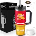 LANJAO Tumbler 30oz Straight Skinny Portable Handle Car Cups With Anti slip Sleeve Straw Dust Cover, Sports Travel, Stainless Steel Insulated Gifts for Men Women Fans (Kansas City)