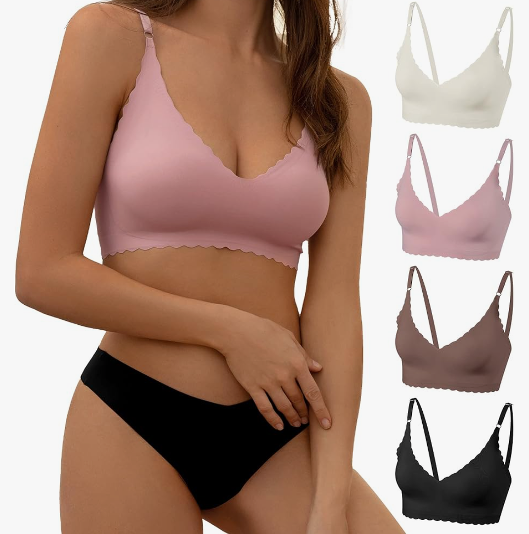 DEANGELMON V Neck Bra Padded Seamless Adjustable Straps Bralettes Everyday Basic Sleeping Bras Multiple Pack, Size Small
