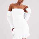 GOKATOSAU Women's Off The Shoulder Long Sleeve 3D Flower Ruffle Hem Bodycon Party Mini Dress White (Small, White)