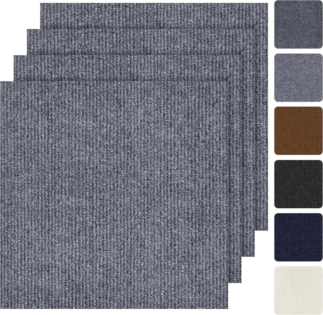 Peel and Stick Carpet Tiles 24x24 Inch, 20 Tiles Large Self Adhesive Carpet Squares, 4.5mm Thick Waterproof Stick On Floor Tiles for Basement, Classroom, Easy DIY Flooring, Light Gray