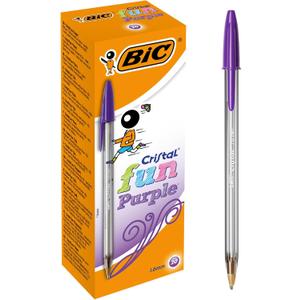 BIC Cristal Fun, Ballpoint Pens, Smudge-Proof Writing Pens and Wide Point (1.6 mm), Ideal for School, Purple Ink, Pack of 20