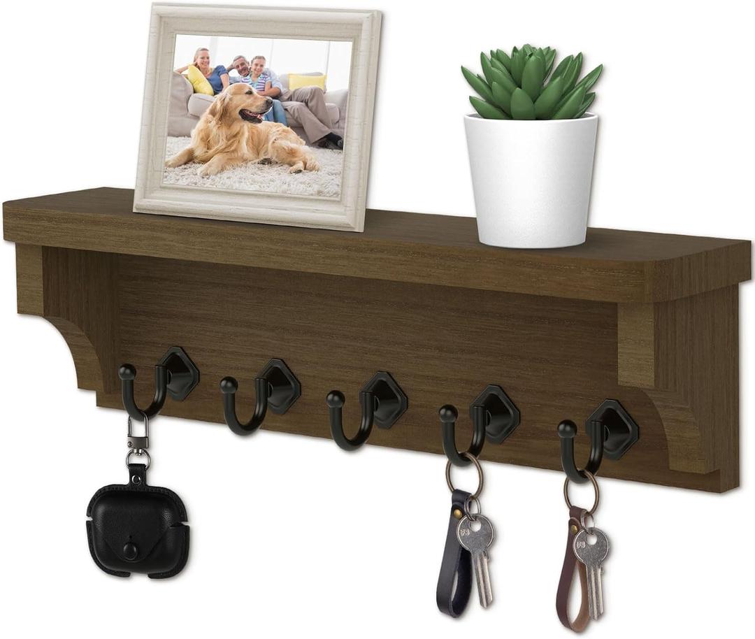 Nekon Key Holder for Wall, 11.8" W x 3.5" H x 2.8" D Decorative Key Organizer with Floating Shelf, Wall Mount Key Rack with 5 Hooks (Rustic Brown)