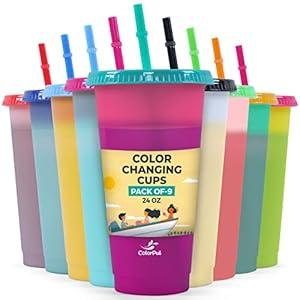 COLORPUL Plastic Tumblers with Lids and Straws - 9 Packs 24oz Color Changing Cups Thick Plastic Cups With Lids And Straws-Reusable Cup With Lids And Straws-Kids Cup With Straws And Lids-SmoothieCup