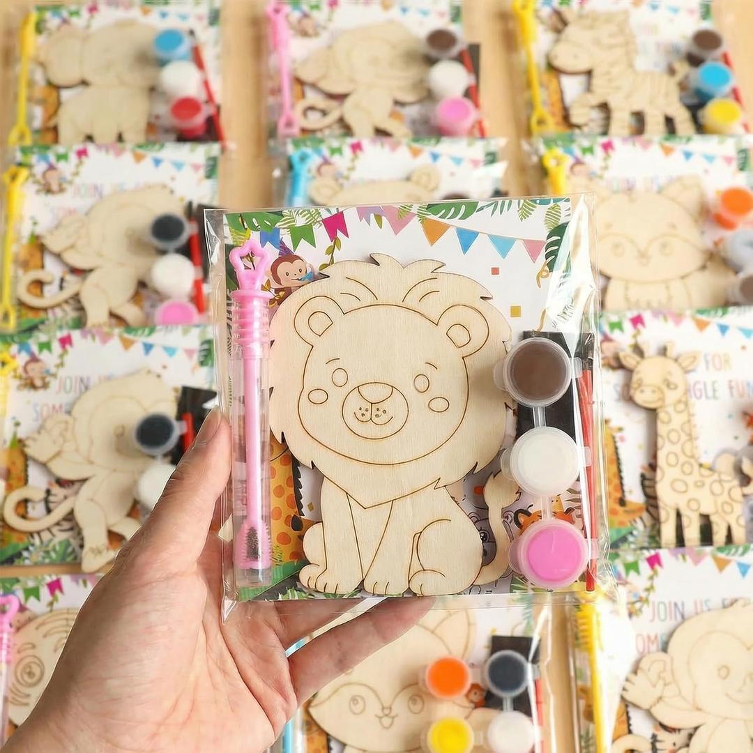 Bafeil 24 Set Safari Party Favors Jungle Animal Wooden Painting Crafts Kit with Bubble Wands - Wild Zoo Birthday Decorations Party Supplies, Goodie Bag Stuffers Gifts Classroom Prizes Pinata Filler
