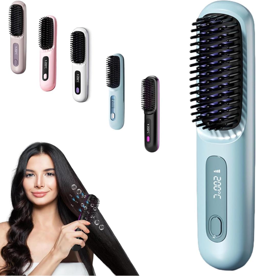 Portable Straightener Brush - GoBrush Pro, Cordless Hair Straightener Brush for Women, Fast Heating Rechargeable Hair Brush, 3-Temperature Settings, Travel-Friendly Design