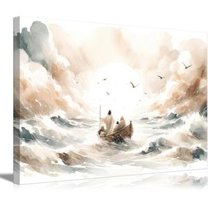Jesus Calms The Storm Canvas Wall Art Watercolor Jesus At Sea Wall Decor Picture Christ Bible Story Poster Print Printing for Living Room Bedroom Church Decoration Ready To Hang (24L" x 16W" Canvas, Jesus Covers the Sea)