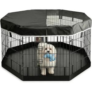 PJYuCien Dog Playpen with Top Cover and Bottom Pad - Metal Foldable Exercise Pen, 8 Panels 24" H x 24" W Indoor Outdoor Pet Fence Puppy Crate Kennel, Black