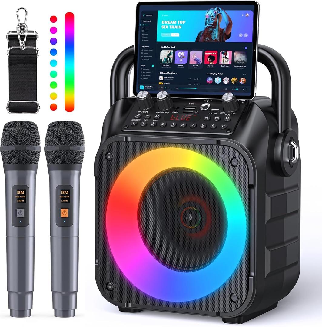 Karaoke Machine, Portable Bluetooth Speaker with 2 Wireless Microphones for Adults & Kids with Lights, Karaoke Microphone with PA System Supports USB/TF/REC/FM/AUX for Home Party Home System Packages (Black)