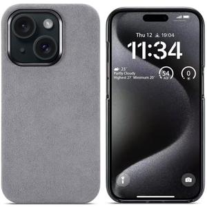 Alcantara Case for iPhone 15, Handmade Half-Wrapped Synthetic Suede Cover, Compatible with Magsafe Wireless Charging (Gray)