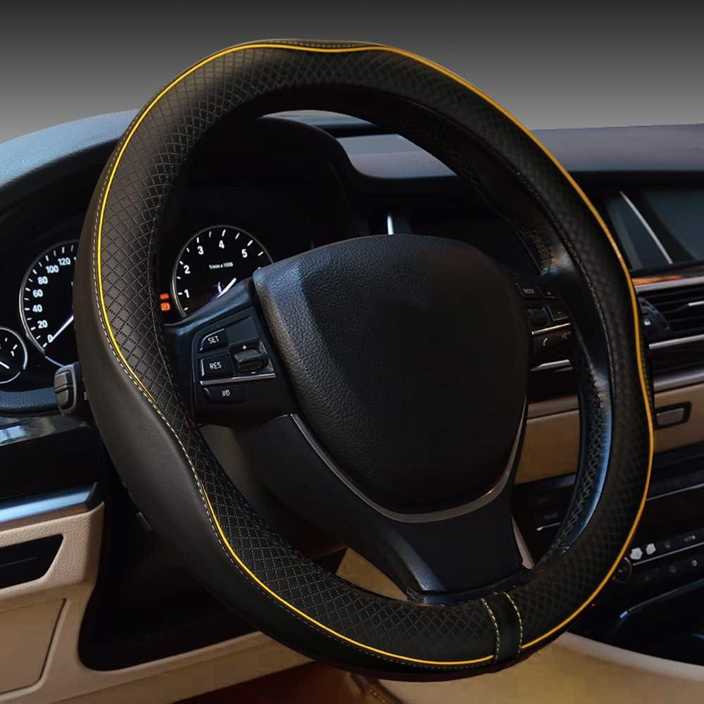 Gomass Car Steering Wheel Cover, Anti-Slip, Safety, Soft, Breathable, Heavy Duty, Thick, Full Surround, Sports Style (Black with Yellow Line)