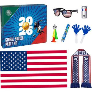Soccer Fan Gear Set for 2026 World Tournament, Soccer Party Favors Kit with Flag,Scarf, Face Paint, Clapper, Horn&Glasses,Supporter Accessories for Game Day, Sports Event, Gift