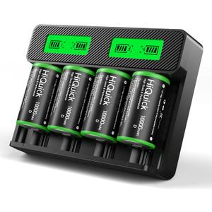 HiQuick Rechargeable D Batteries with Charger, 4 Bay Universal Battery Charger with Built-in Cable for 3.7V Lithium ion 18650 21700 14500 26650 18350 and 1.2V Ni-MH Ni-CD AA AAA C D Battery