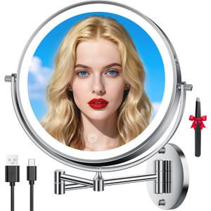 10'' 30X/1X Wall Mounted Lighted Makeup Mirror, 5000mAh Rechargeable Double-Sided Magnifying Mirror with Light, LED Vanity Mirror Touch Dimmable 3 Colors 360 Rotation Extended Foldable Arm, Chrome
