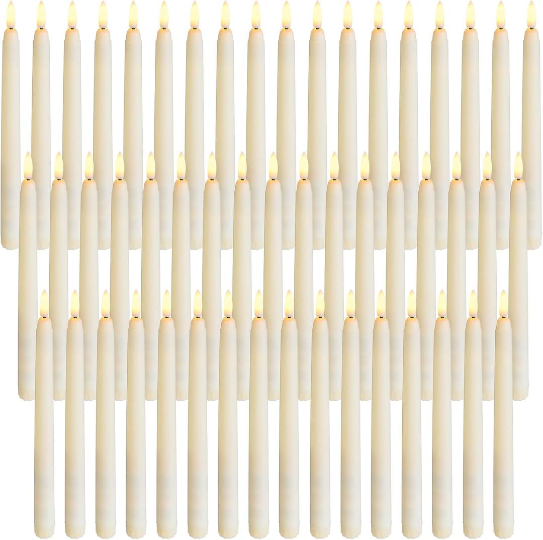 Baquler 50 Pcs Flameless Ivory Taper Candles Bulk Flickering LED Candles Taper Warm White Light LED Candlesticks for Christmas Wedding Home Decoration No Remote Control, 9.6 Inch