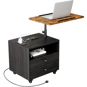 Bedroom Nightstand with Drawers & Charging Station, Adjustable Height Bedside Table with Wheels, Wooden Small Sofa Side Tables with Storage for Living Room, Black Brown