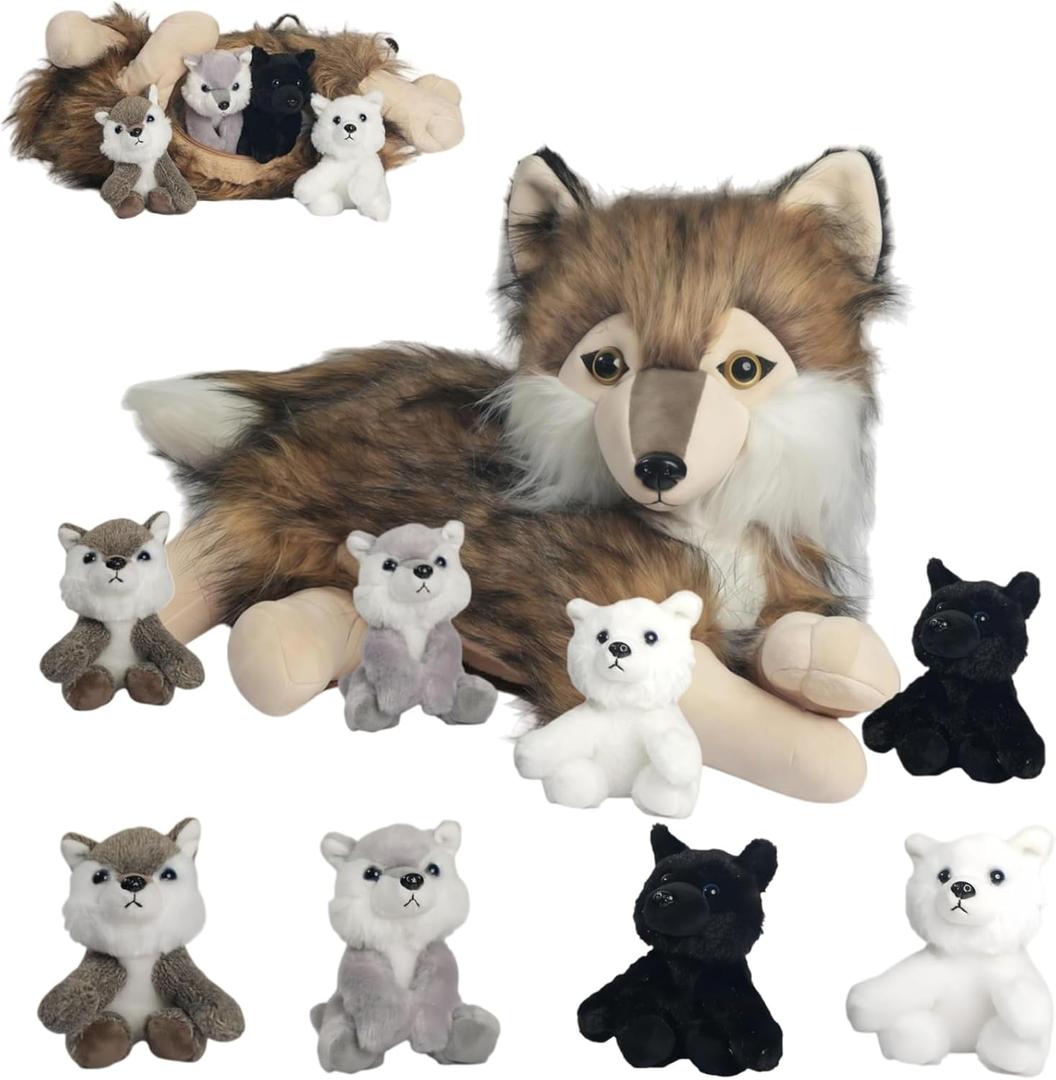 5 Pcs Wolf Stuffed Animal Plush Set 16 Inch Mommy Large Stuffed Wolf Plush with 4 Babies Wolves, Realistic Plush Wolf Toys Soft Plushies for Kids Boys Girls Birthday Valentines Gifts