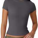 QINSEN Women's Casual Basic Going Out Tops Slim Fit Short Sleeve Crew Neck Tight T Shirts (Dark Grey, XS)