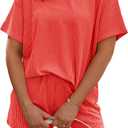 RUBZOOF Women's 2 Piece Sets Short Sleeve Outfits Ribbed Textured Knit Lounge Shorts Set Oversized Tracksuit Matching Sets (L)