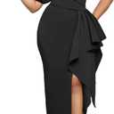 Cololura Women's Sexy Elegant One Shoulder Lantern Sleeve Slit Ruched Maxi Dress Bodycon Formal Cocktail Party Gown (2 XL, Black)