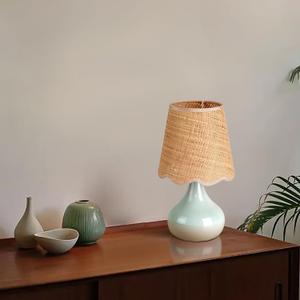 Light Blue Boho Small Table Lamp for Small Spaces, Small Rattan Shade Bedside Lamp for Bedroom, Cute Nightstand Light for Bedside, Kitchen Counter, Bookshelf Lamp, Home Office, Living Room, Dorm (On/Off Switch)