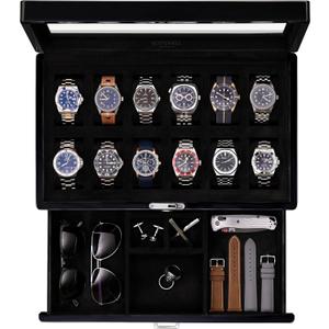 ROTHWELL 12Slot Piano Black Watch Box with Valet Drawer  Premium Jewelry Display Case Organizer with Locking Glass Top and Microsuede Liner for Men & Women (Black Interior)