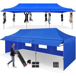 COBIZI 10x30 Pop Up Canopy Tent with Awning,Heavy Duty Canopy UPF 50+ All Season Wind Waterproof Commercial Outdoor Street Vendors Party Tents for Parties Canopy with Roller Bag(10 x 30 ft Blue)