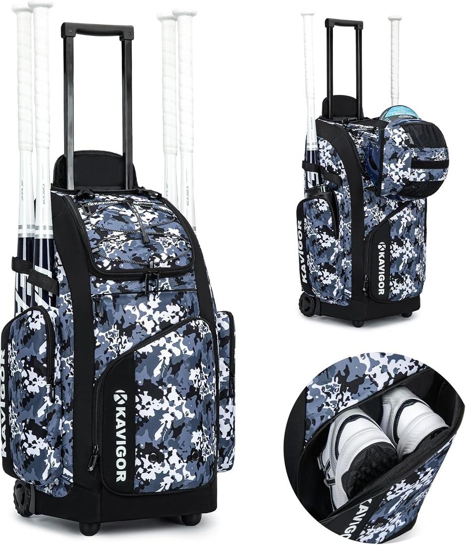 Rolling Baseball Bag with Wheels, 60L Capacity Softball Bag Holds 4 Bats for Boys and Girls, Youth Equipment Bag with Shoe Compartment (Blue Camo)
