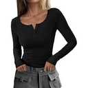 Womens Long Sleeve Henley Shirts for Women Button Ribbed Knit Shirt V Neck Tops Fit Slim Casual Basic Blouses (Black,M)