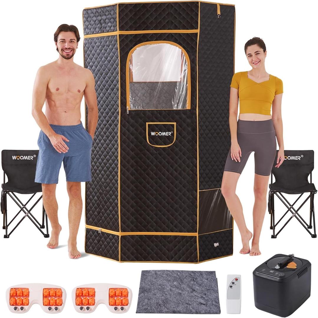 WOOMER 2 Person Sauna, Portable Sauna Box for Home with Folding Chair, Foot Massager and 3L 1000W Sauna Steamer, Spacious Steam Sauna Tent with 4 Windows, Home SPA Relaxation, 42.5" x 42.5" x 71"