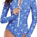 Century Star Long Sleeve Swimsuits for Women Rash Guard UPF 50+ Modest One Piece Surfing Full Coverage Bathing Suit Swimwear (4-6, Blue Flower, Small)