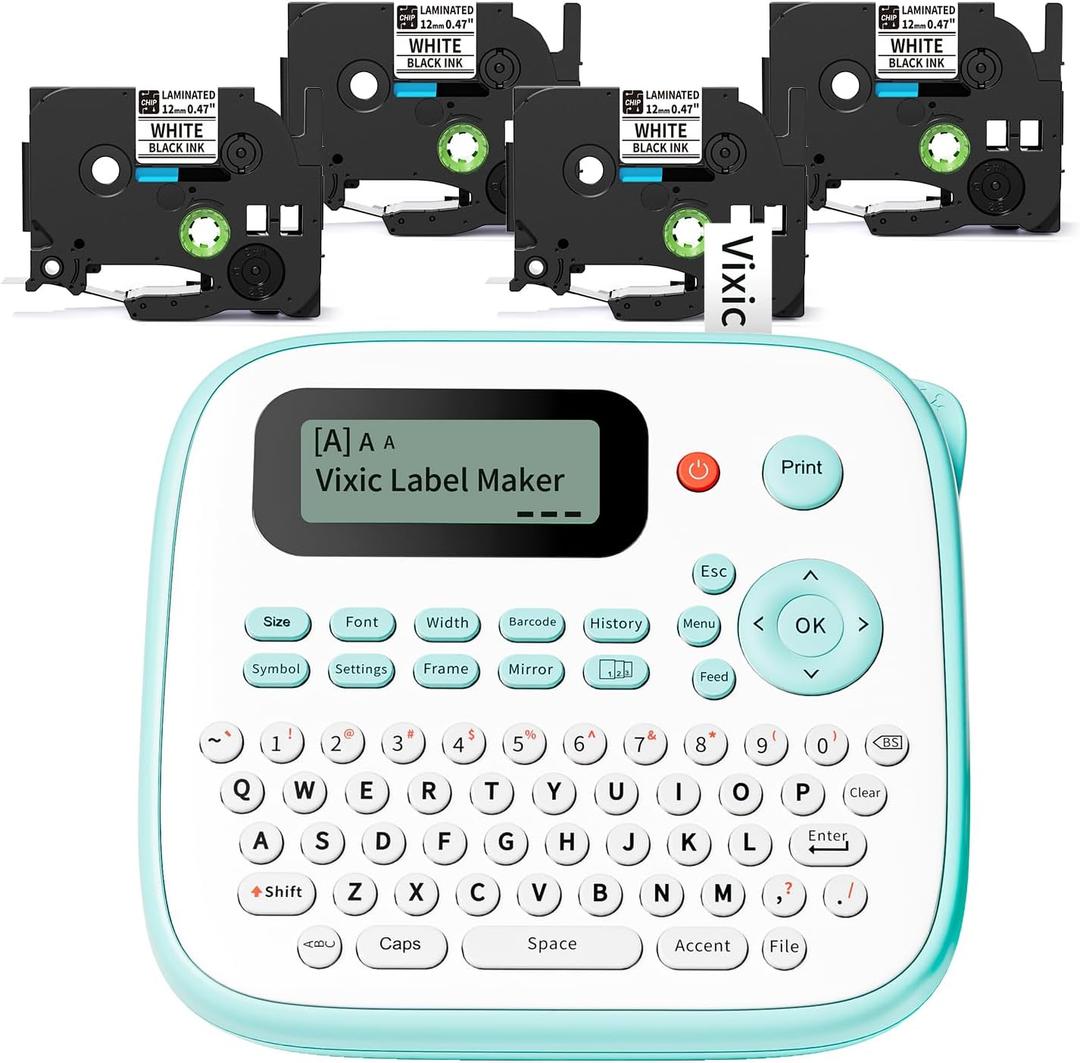 Vixic Label Maker, D210S Label Maker Machine with 4 Laminated Tapes, 12mm Labeler Labelmaker with Waterproof-Labels & QWERTY Keyboard, Print Different Fonts Frame for Home Office Kids School Items