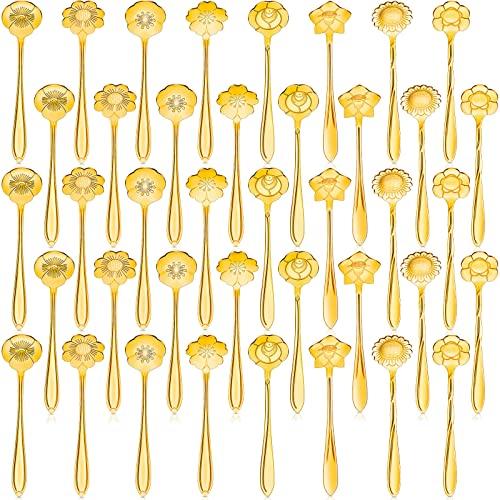 Eboot 34 Pcs Gold Flower Teaspoon Stainless Steel Tea Party Spoons Mini Cute Teaspoon for Stirring Coffee Sugar Drink Demitasse Kitchen Café Bar Tableware Party Favors Decorations