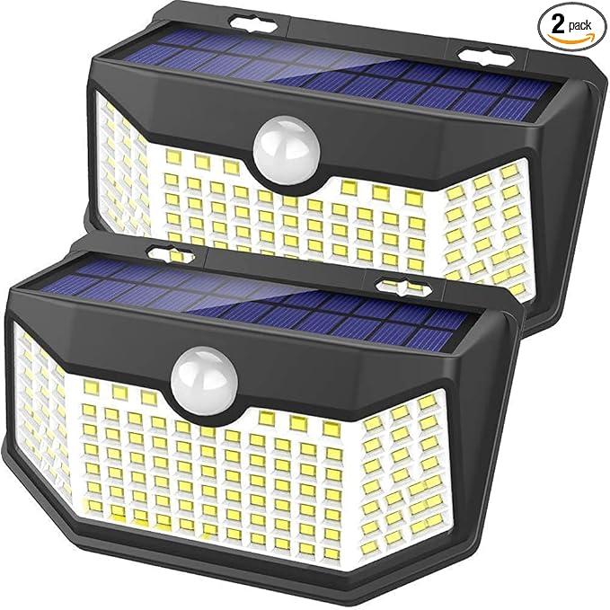 HMCITY Solar Lights Outdoor 120 LED with 3 Lighting Modes, Motion Sensor Wall Lights,IP65 Waterproof Solar Powered for Garden Patio Yard (Back Button 2Packs, Black Shell-Daylight White)