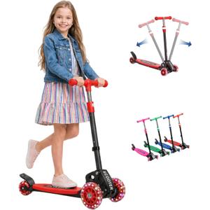 Kids Kick Scooter for 3-12,Lean-to-Steer 3 Wheel Scooter for Beginners with Light-Up Wheels,3 Adjustable Handlebar 27.5"33",6-Inch Wide Deck,Rear Foot Brake,Foldable Scooter for Boys & Girls (Red)