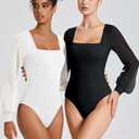 Avidlove Women Puff Long Sleeve Bodysuit Mesh Square Neck Thong Sexy Body Suits Double Lined Leotards (XX-Large, Black)