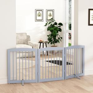 Freestanding Pet Gate for Dogs, Foldable Wooden Dog Gate for House, Indoor Dog Gate for Doorways, Stairs, Gates for Dogs Indoor, Support Feet Included, 24" Height 3 Panels, Grey (Gray)