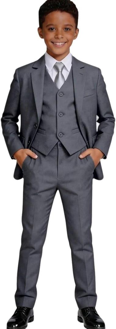 Visaccy Boys Formal Suit Slim Fit Dress Clothes Ring Bearer Outfit Tuxedo Suits,Adjustable Waist, Gray, 6Y