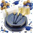 KIRE 140Pcs Blue Plastic Plates with Gold Rim - Gold Disposable Plastic Silverware with Blue Handle&Clear Cups&Hand Napkin - Geometric Party Plates for Memorial Day/Party/Graduation