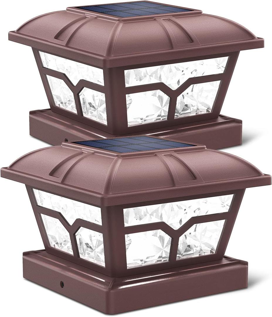 SIEDiNLAR Solar Post Cap Lights Outdoor 2 Color Modes 8 LEDs for 4x4 5x5 6x6 Posts Fence Deck Patio Decoration Warm White & Cool White Lighting Brown (2 Pack)