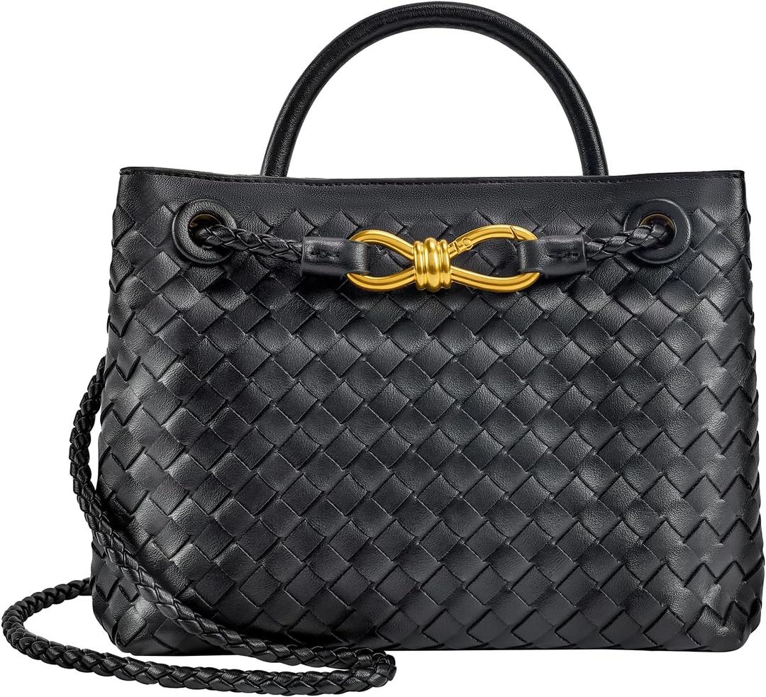 Woven Tote Bag for Women Leather Shoulder Handbag Designer Top Handle Purses (Black)