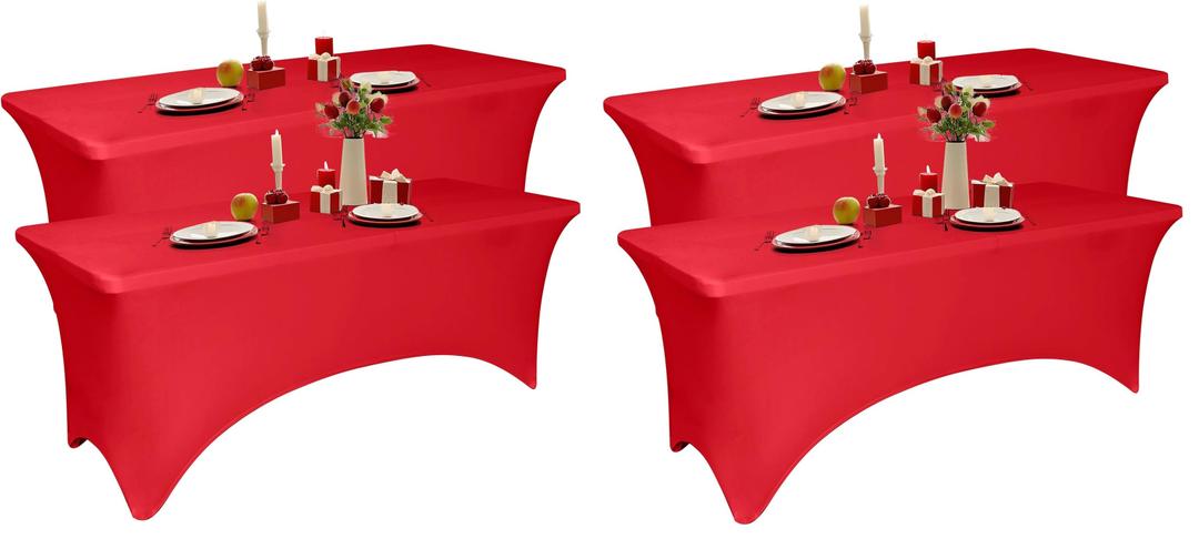 Red Stretch Table Skirt/Tablecloth Size 2.5ft (Width)×6ft (Length) Skirt Drop Length:2,5ft Highly Stretchable material Flexible & Snug Fit Perfect for parties, events Decor 4 pieces